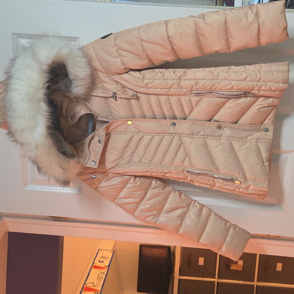 Nautica Women's Pale Pink Puffer Jacket with Faux Fur Hood